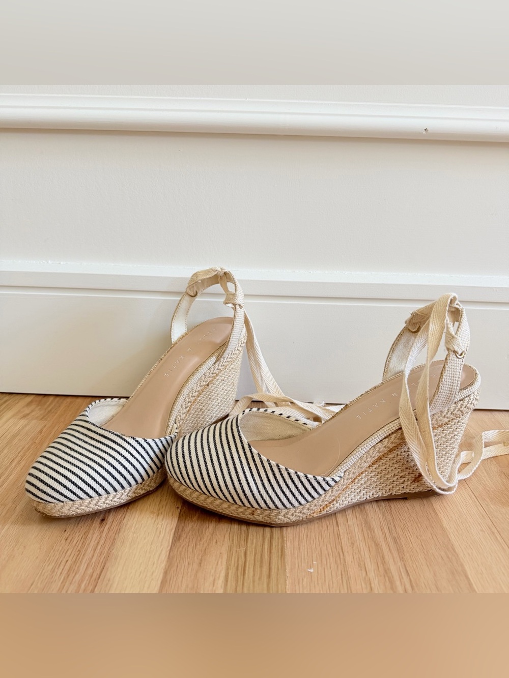 Espadrille Wedge Ankle-Tie Shoes with Black & White Stripes